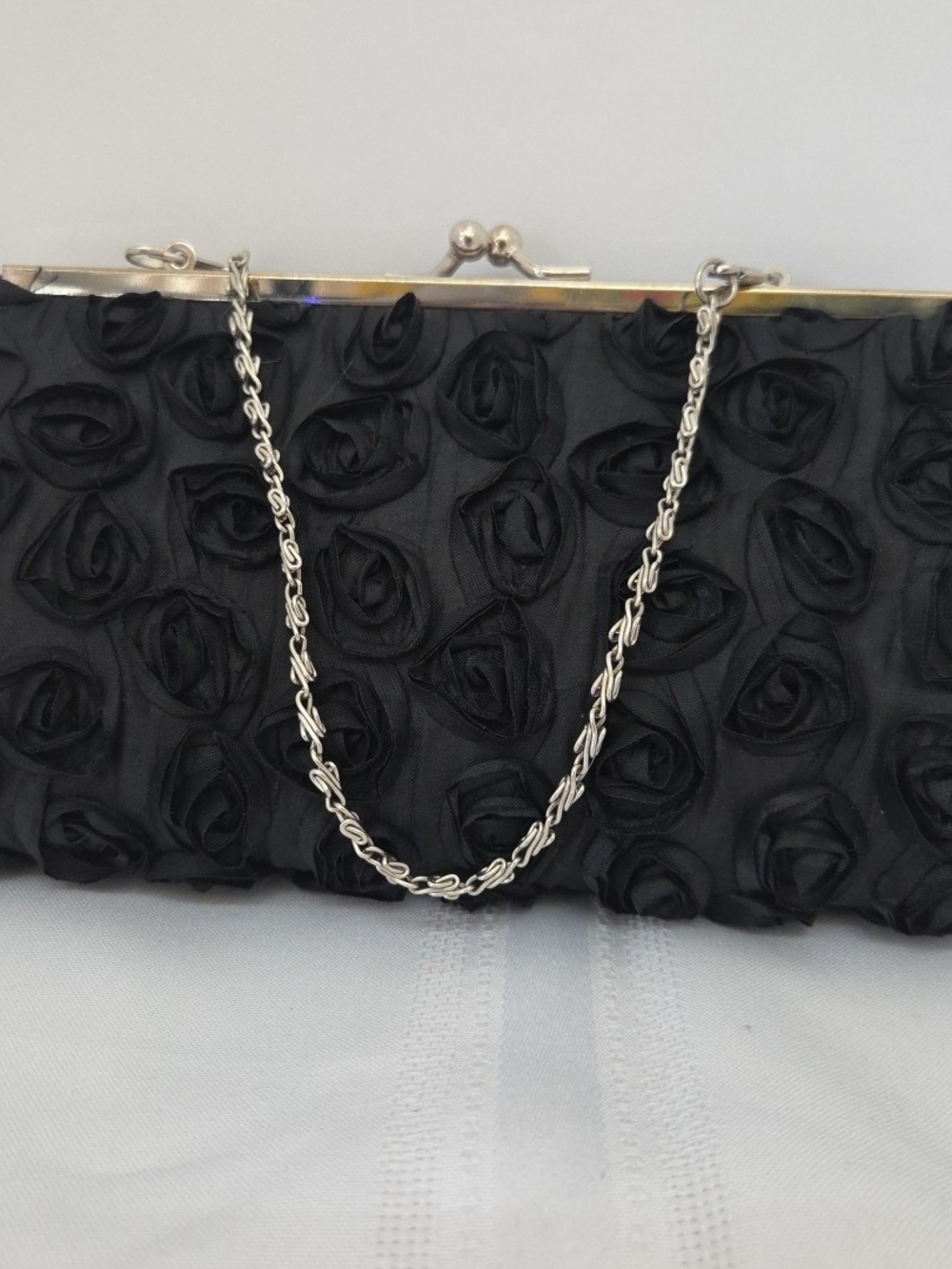 Black Rose Appliqué Evening Clutch with Silver Chain Kiss Lock